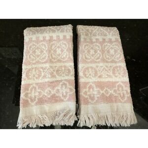 2 Pc Vtg Cannon Hand Towel Pink White Floral 60s 70 Fringe MCM